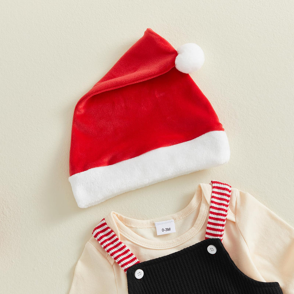 Fa La La Newborn Set | Conjunto 3 Piezas Bebé — Body Crema + Overol Negro + Bastón de Caramelo + Gorro Papa Noel