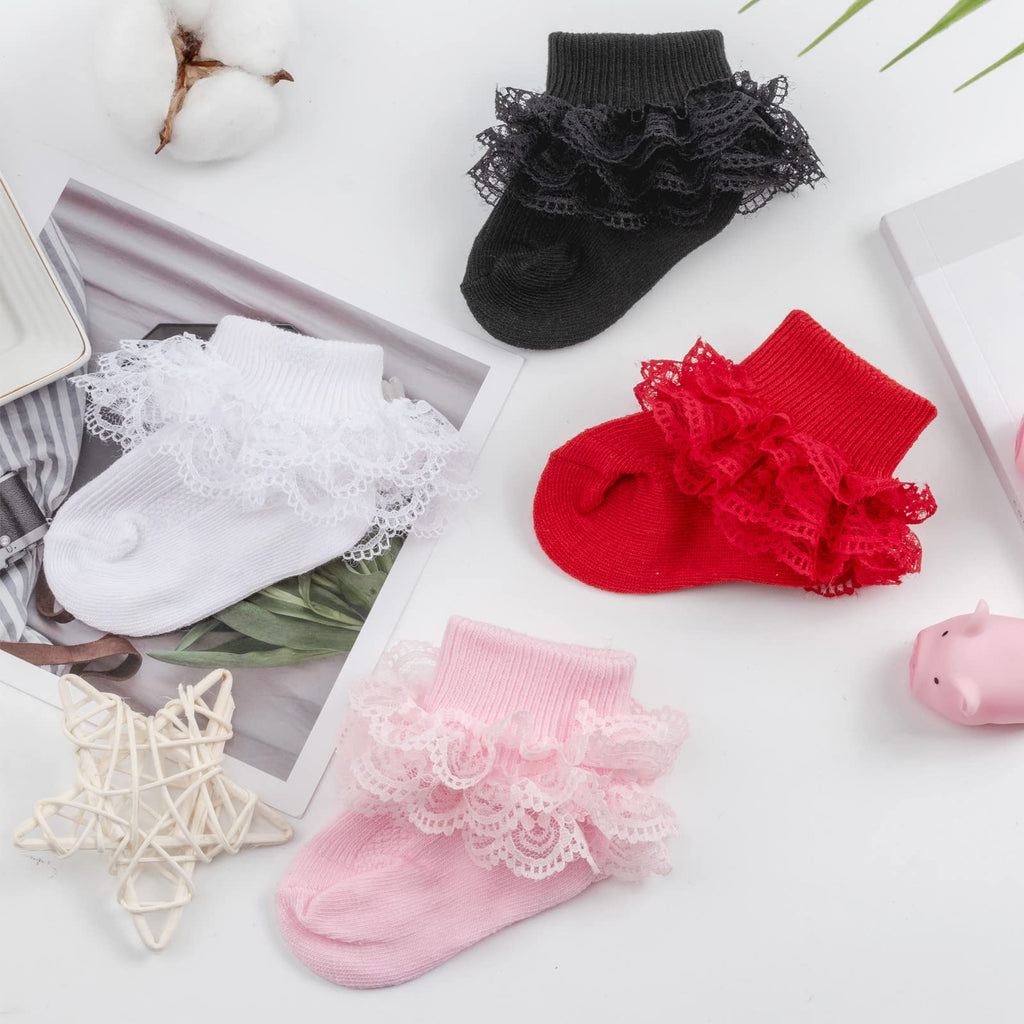 Calcetines Bebé Niña Pack 4 Algodón Canalé Encaje Volante Tul Negro Rojo Rosa Blanco Ocasión