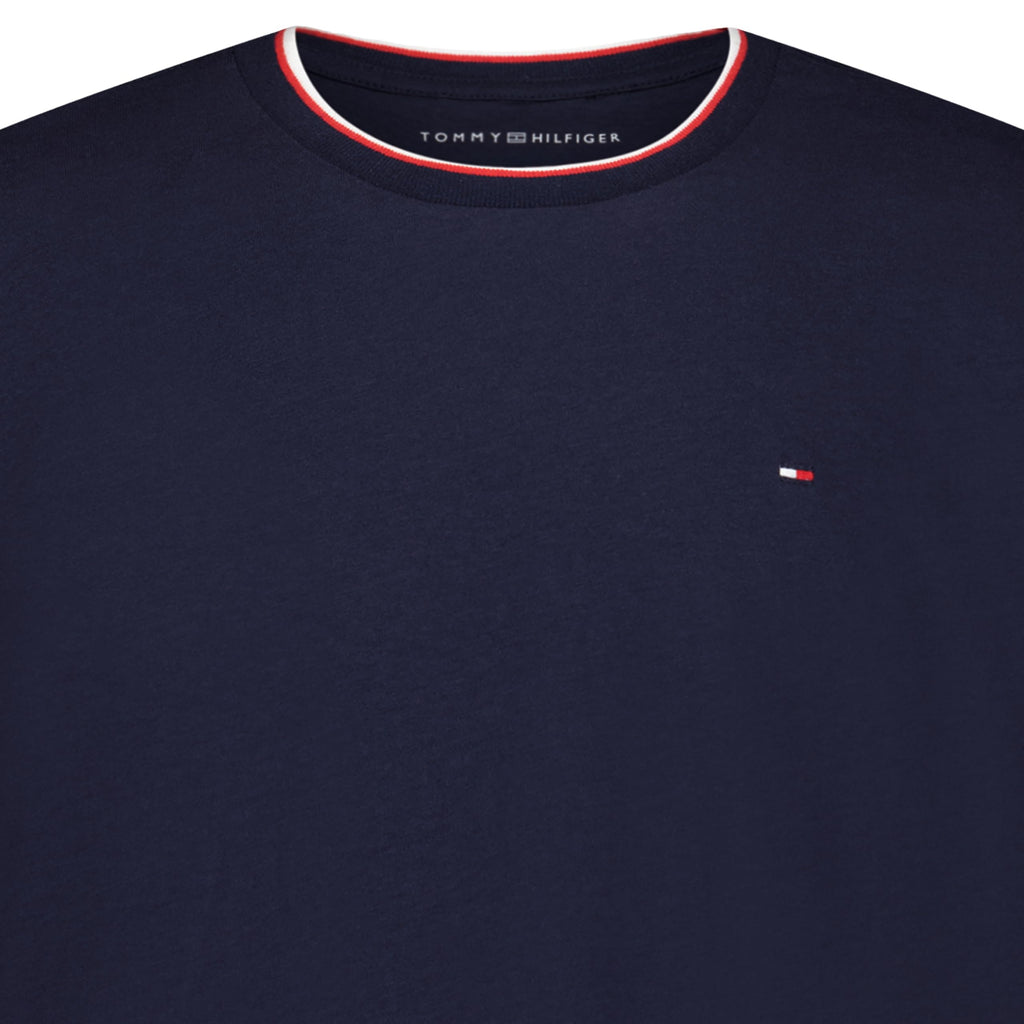 Tommy Hilfiger | Camiseta Niño Manga Corta Ringer Cuello Tricolor Logo Bandera Bordado 100% Algodón Azul Marino (8 - 16T)