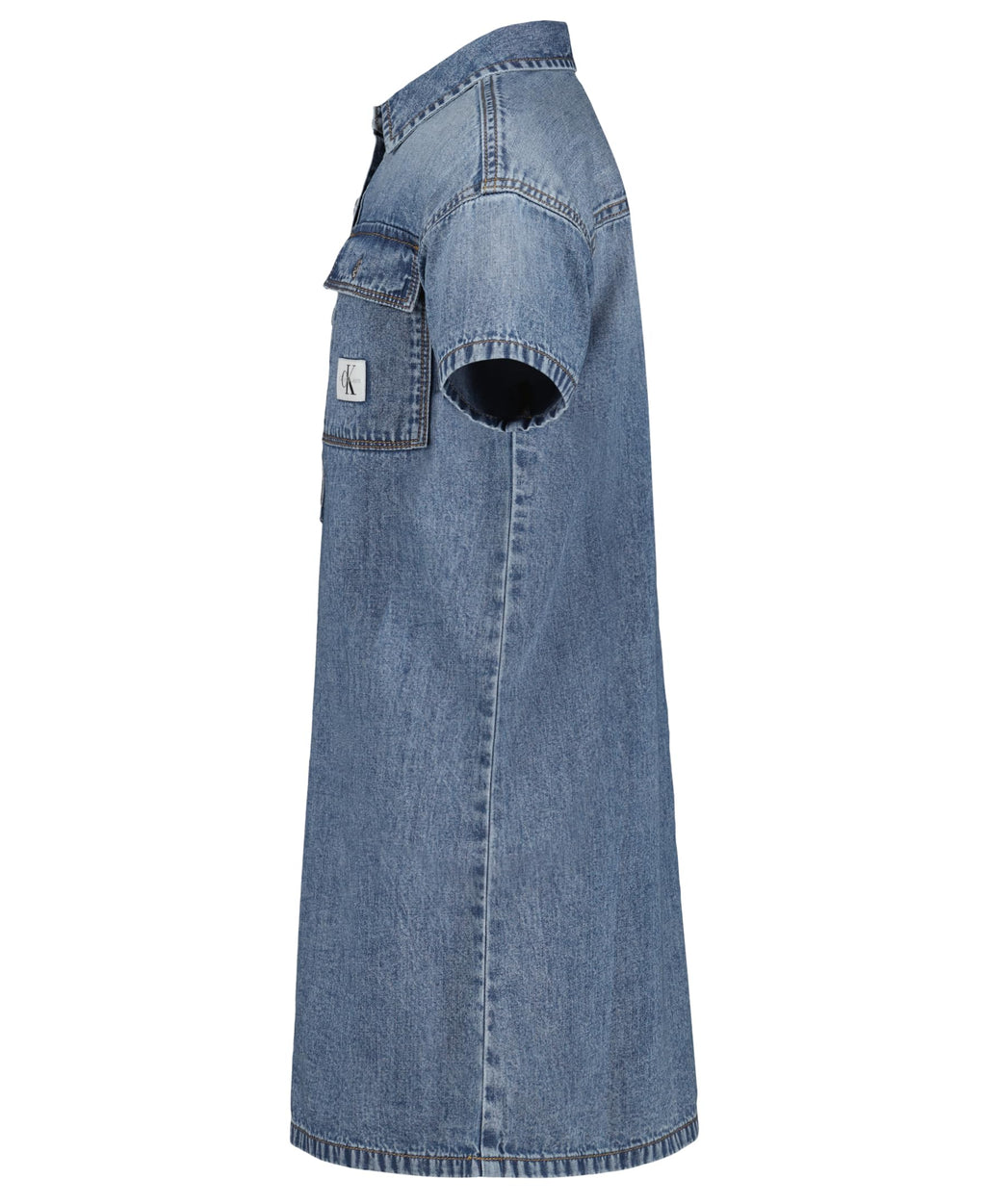 Calvin Klein Jeans Vestido Denim Niña | Azul Dante Wash • Manga Corta • Parche Logo CKJ • Silueta Acampanada
