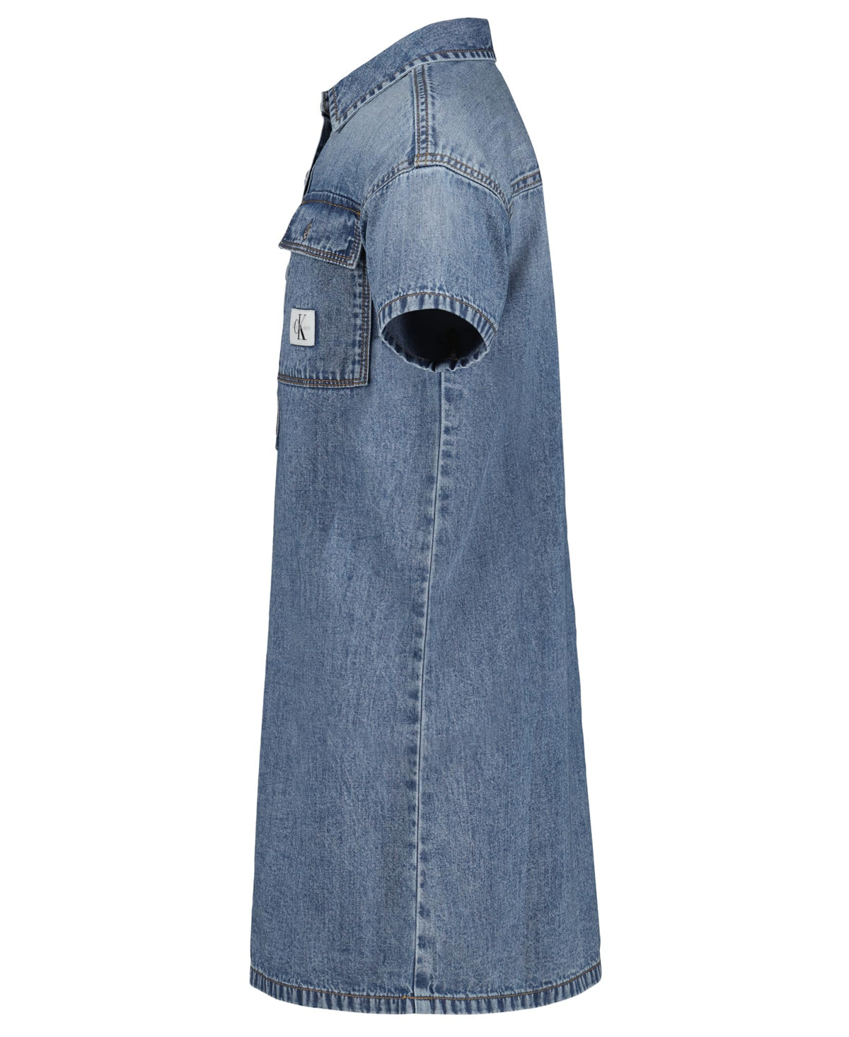 Calvin Klein Jeans Vestido Denim Niña | Azul Dante Wash • Manga Corta • Parche Logo CKJ • Silueta Acampanada