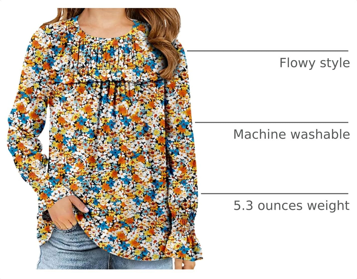Blusa Nina Manga Larga | 89% Poliester 11% Elastano | Solapa de Volantes en el Pecho | Cuello Redondo | Puno Fruncido | Corte Fluido Loose Fit | Naranja (4 - 13T)