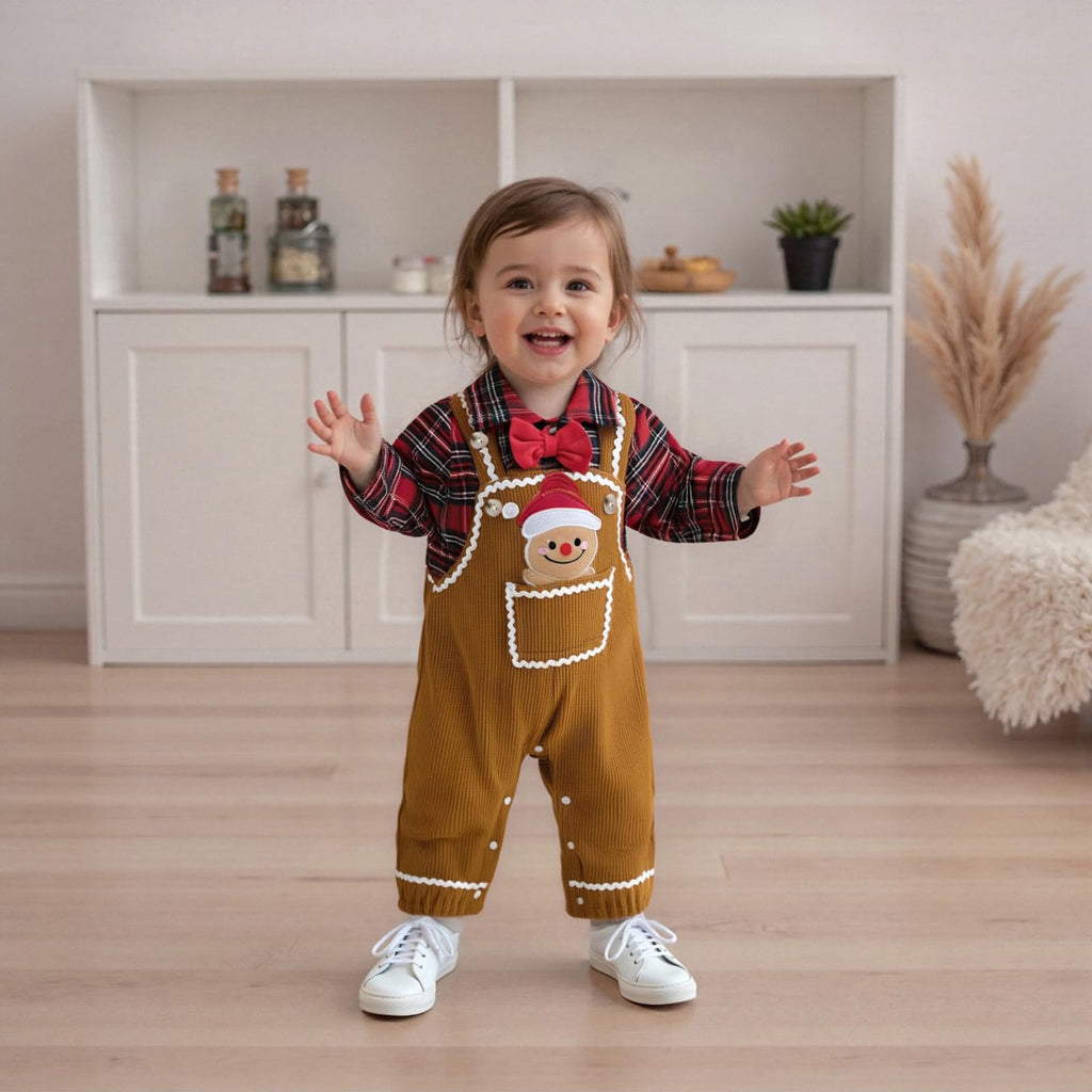 Plaid Gingerbread Boy Set | Conjunto 2 Piezas Bebé — Body Camisa Cuadros Rojo + Overol Pana Mostaza + Galleta de Jengibre