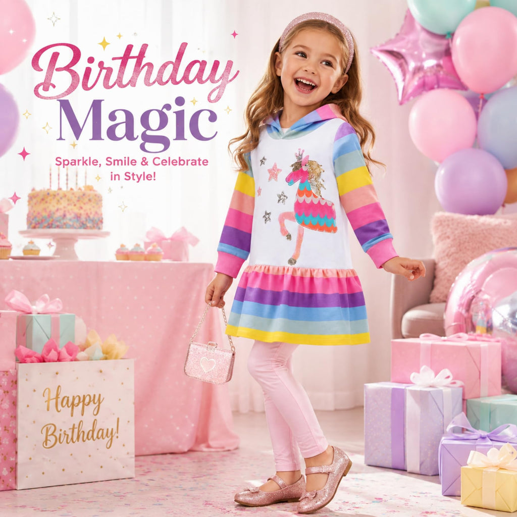 Vestido Hoodie de Unicornio para Niñas – Manga Larga Rayas Arcoíris con Lentejuelas, Algodón  (3 - 12T)