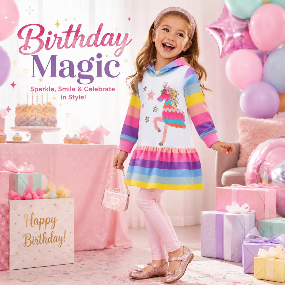 Vestido Hoodie de Unicornio para Niñas – Manga Larga Rayas Arcoíris con Lentejuelas, Algodón  (3 - 12T)