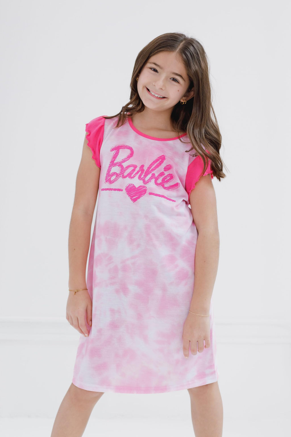 Camisón Pijama Barbie Oficial Tie-Dye | Volantes Hombros + Sublimación Ignífuga + Corte Holgado | Niña Rosa (7T - 12T)