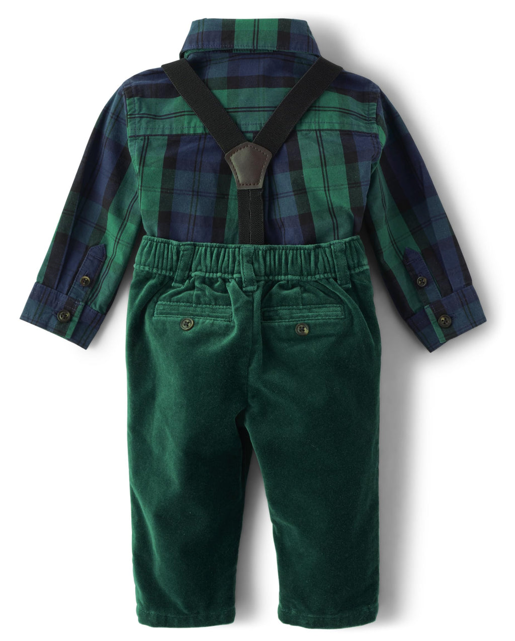 Conjunto Formal 4 Piezas Navideño | Bodysuit Cuadros Verde Navy + Pana Verde + Tirantes + Pajarita | Bebé Niño (6M - 12M)