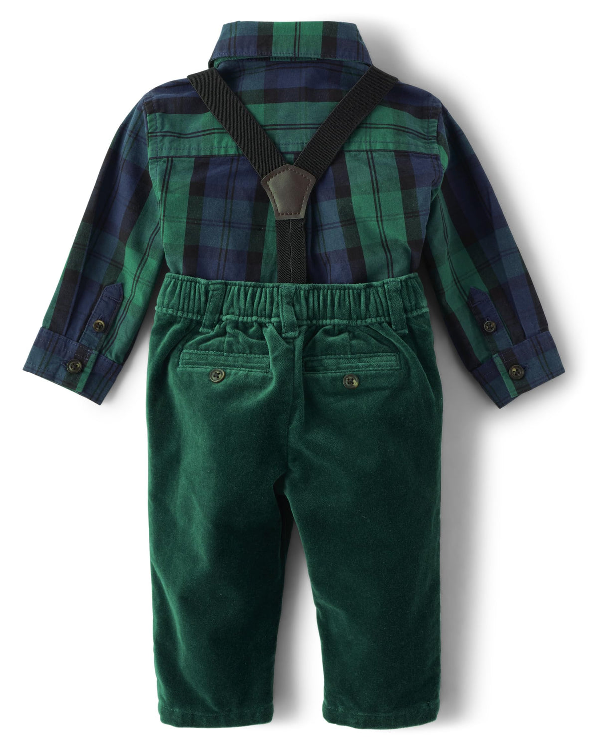 Conjunto Formal 4 Piezas Navideño | Bodysuit Cuadros Verde Navy + Pana Verde + Tirantes + Pajarita | Bebé Niño (6M - 12M)