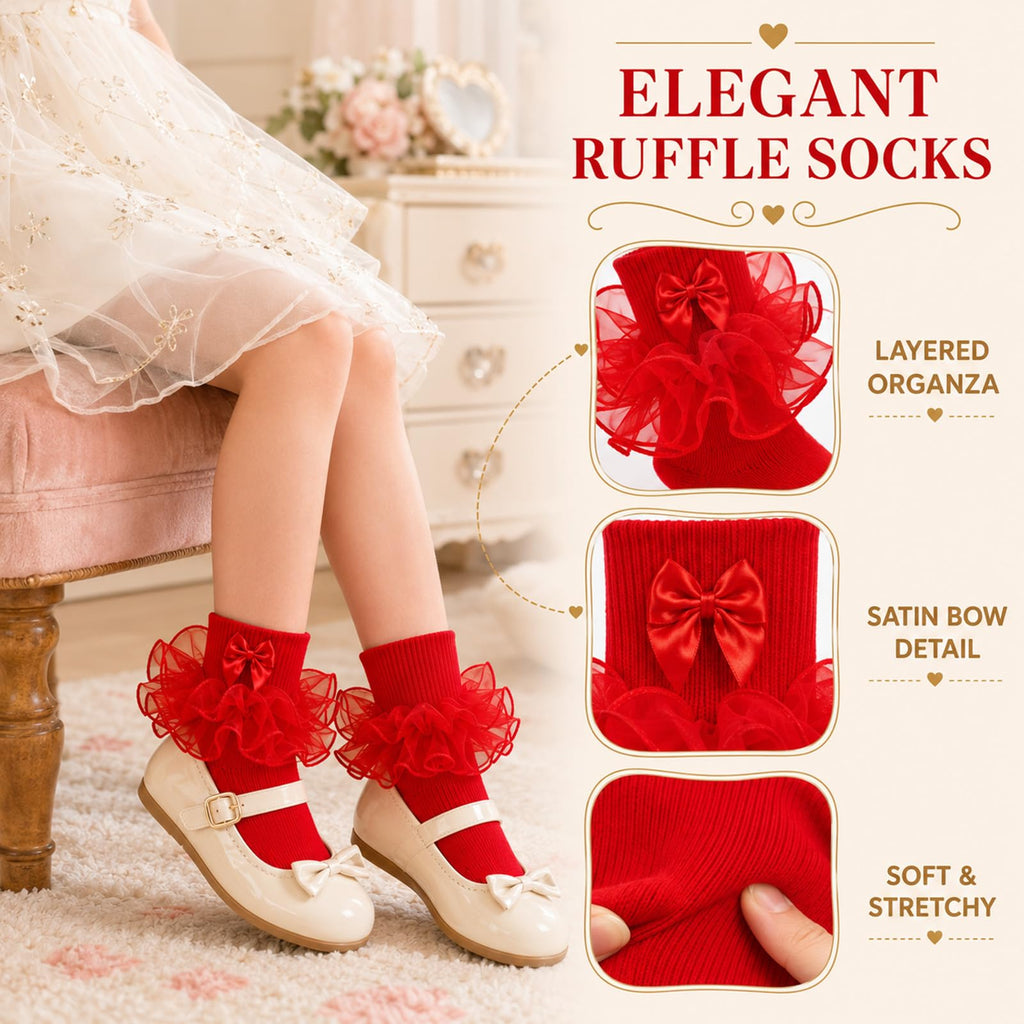 Calcetines Nina Volantes Encaje Tutu Doble Capa Lazo Cinta 3D Rojo Algodon Organza Princesa Navidad Boda (1 - 10T)