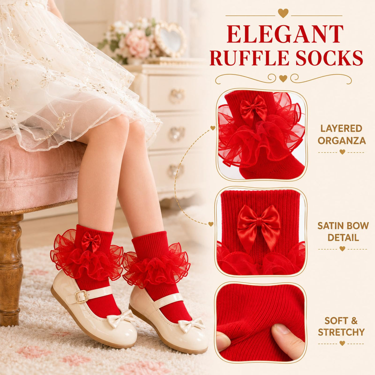 Calcetines Nina Volantes Encaje Tutu Doble Capa Lazo Cinta 3D Rojo Algodon Organza Princesa Navidad Boda (1 - 10T)