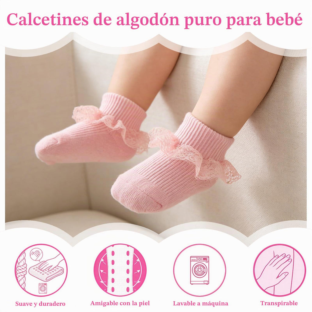 Calcetines Bebé Niña Pack 5 Algodón Canalé Encaje Volante Lazo Satín Lateral Negro Blanco Rosa Crema Rojo
