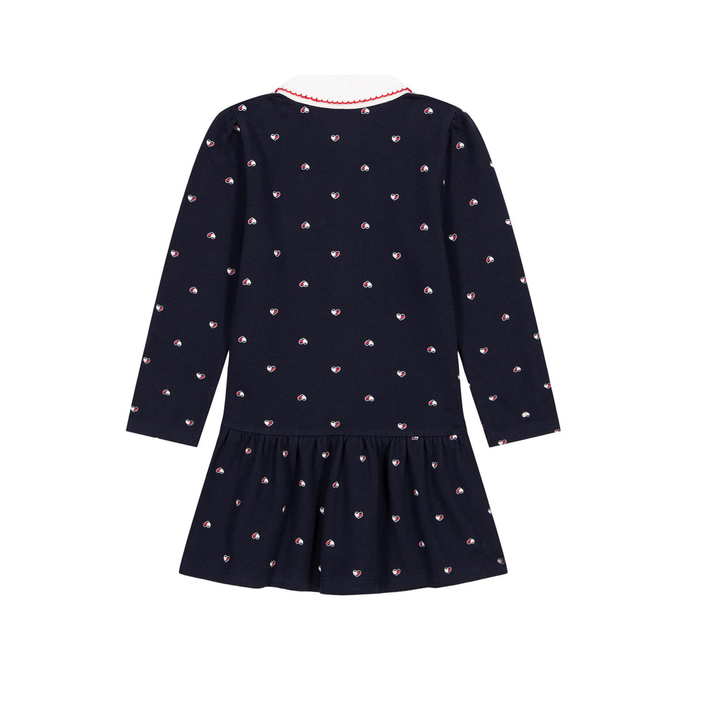 Tommy Hilfiger Vestido Polo Piqué Niña | Azul Navy Estampado Mini Corazones • Cuello Peter Pan Blanco