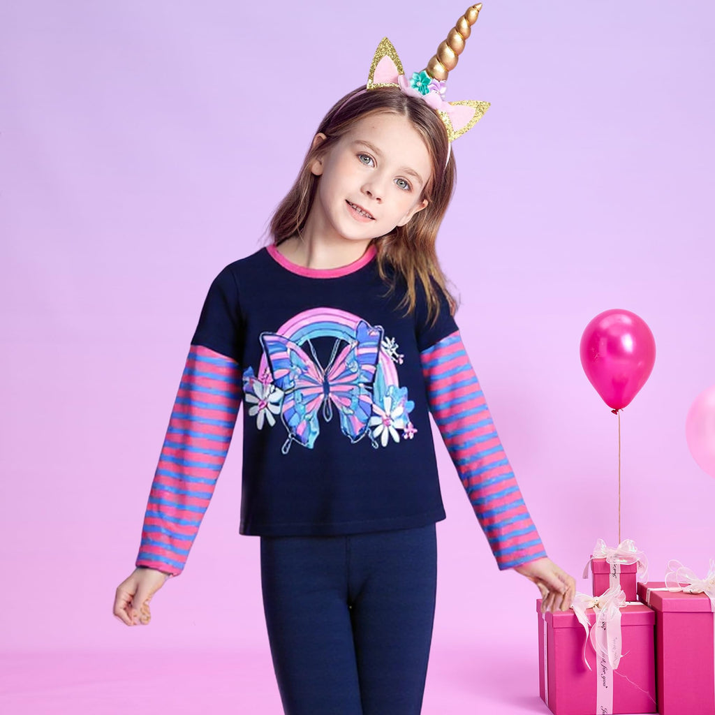 Top de Manga Larga con Mariposa y Arcoíris para Niñas – Azul Marino a Rayas Rosa y Azul, Algodón (2-12 Años)