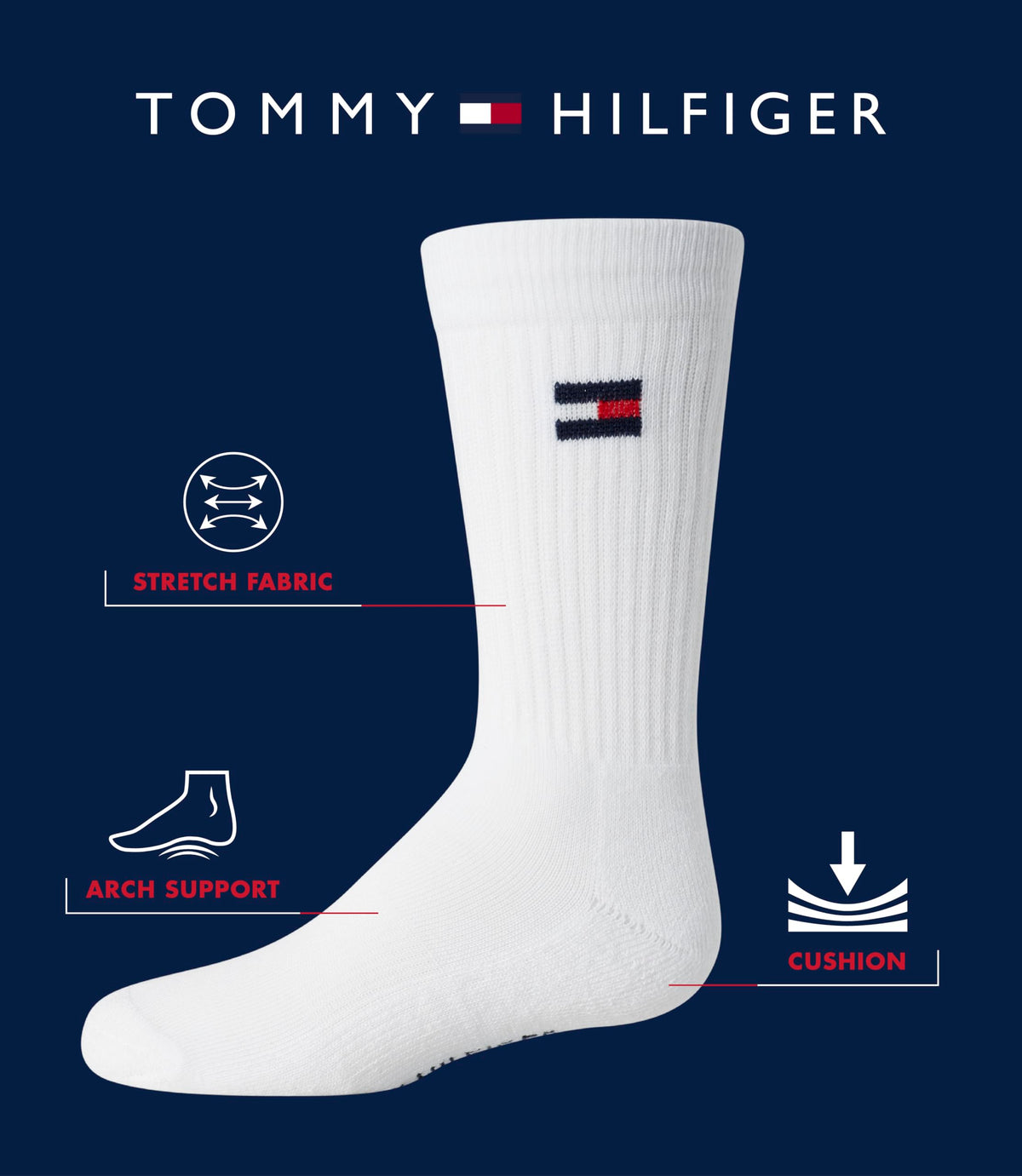 Tommy Hilfiger | Calcetines Niño Unisex Pack 6 Pares Crew Deportivos Surtido Negro Gris Blanco Logo Bandera (4 - 12T)