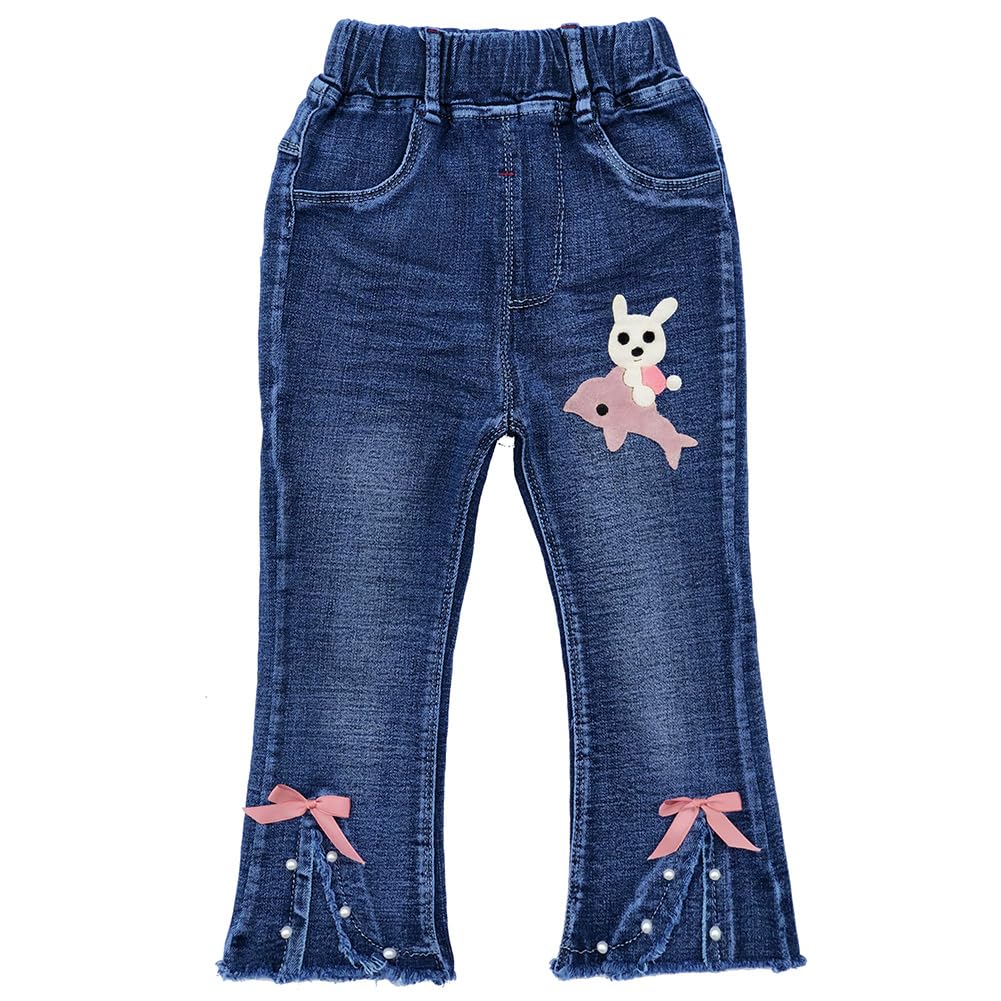 Conjunto 2 Piezas para Niña: Suéter con Conejito 3D y Jean Acampanado con Lazos y Perlas