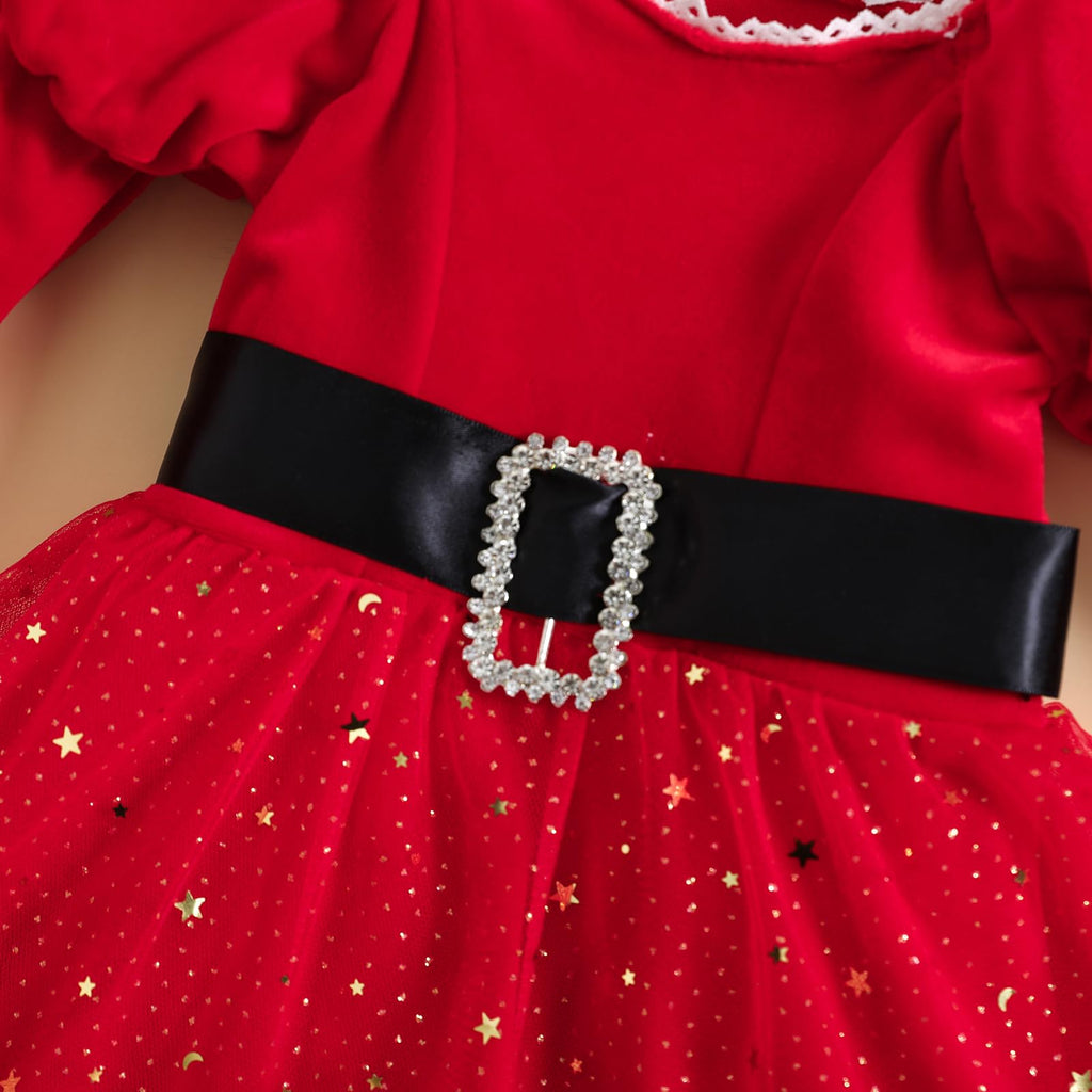 Bonangber | Vestido Navideño Terciopelo Tul Estrellas Papá Noel Niña