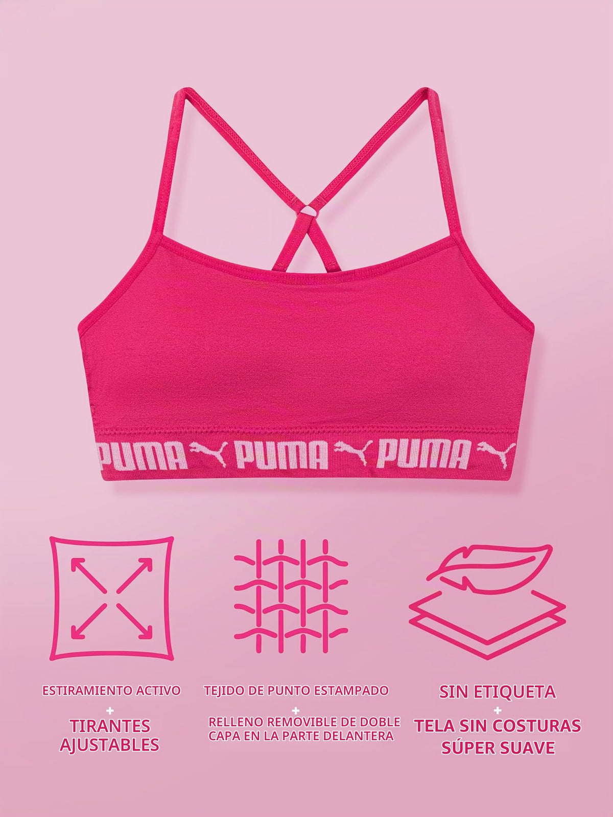 PUMA | Bralette Nina Pack 2 | 94% Nailon 6% Licra | Sin Costuras | Correas Espagueti Ajustables | Galletas Removibles | Cherry Blossom Tinte Espacial + Magenta (Solo 6 - 7T)