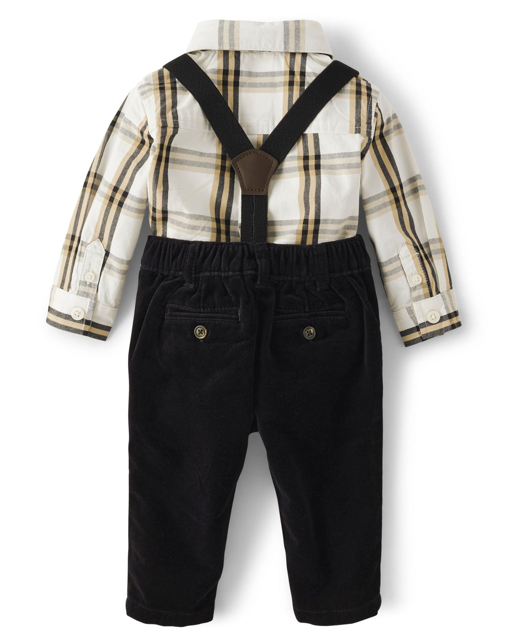 Conjunto Formal 4 Piezas | Bodysuit Camisa Cuadros Crema + Pana Negro + Tirantes + Pajarita Terciopelo | Bebé Niño (0M - 9M)