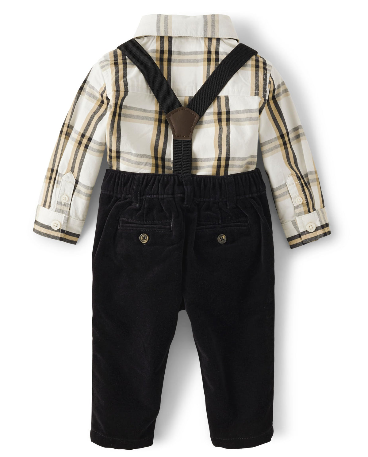 Conjunto Formal 4 Piezas | Bodysuit Camisa Cuadros Crema + Pana Negro + Tirantes + Pajarita Terciopelo | Bebé Niño (0M - 9M)
