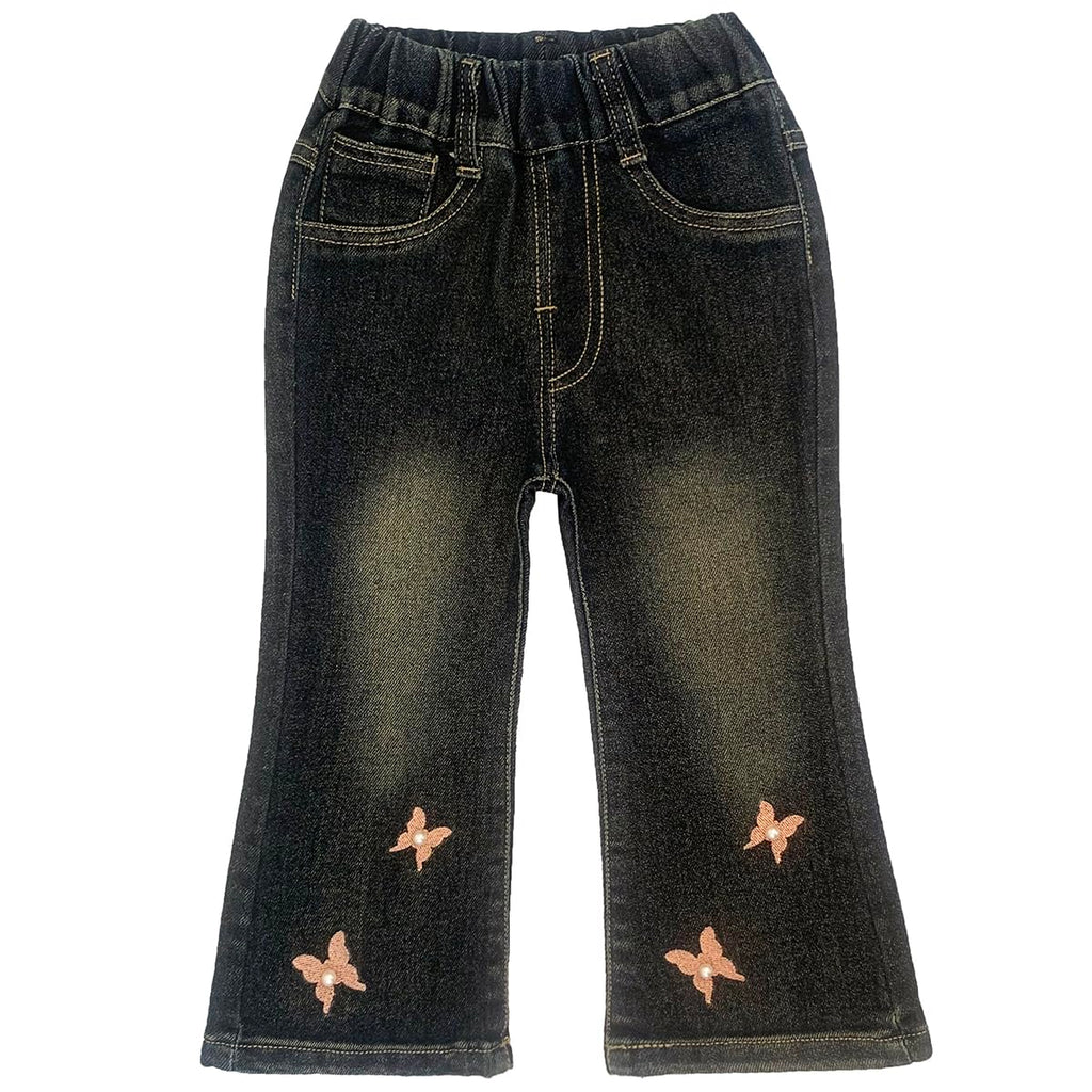 Conjunto 2 Piezas para Niña: Camiseta Rosa Mariposas Jacquard Relieve y Jeans Campana con Mariposas Bordadas
