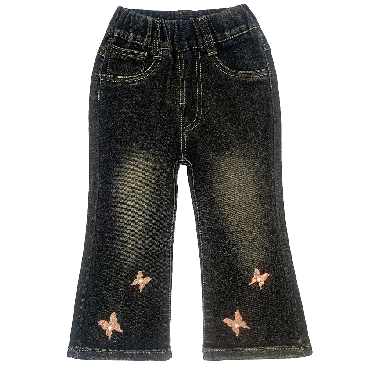 Conjunto 2 Piezas para Niña: Camiseta Crema con Mariposas Plateadas Allover y Jeans Campana con Mariposas Bordadas