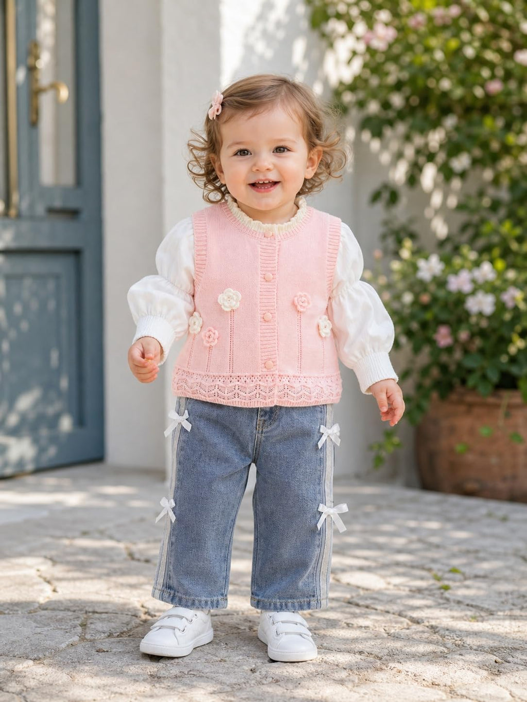 Conjunto 3 Piezas para Niña: Chaleco de Punto Rosa Flores 3D + Blusa Manga Farol + Jeans con Lazos Laterales