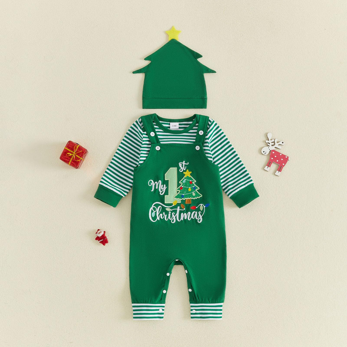 My 1st Christmas Arbolito | Conjunto Bebé Niño Mameluco Rayas Verde + Peto + Gorro Arbolito