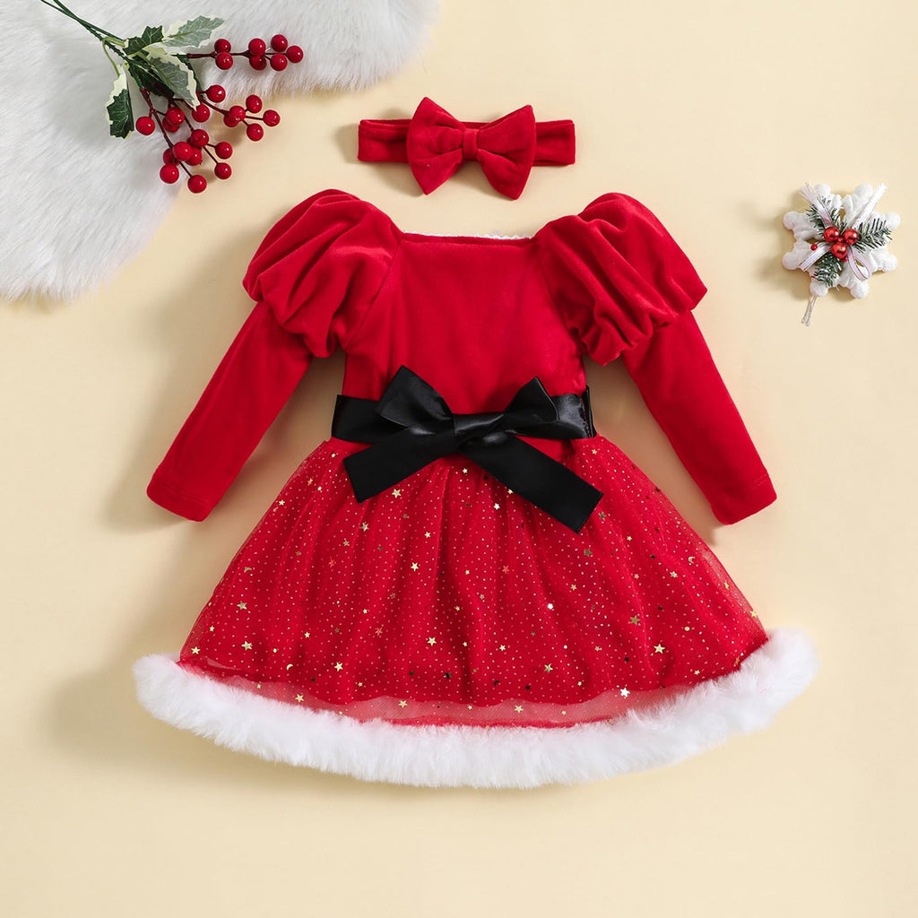 Bonangber | Vestido Navideño Terciopelo Tul Estrellas Papá Noel Niña