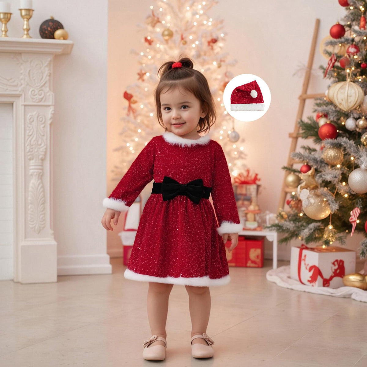 Bonangber | Vestido Navideño de Lentejuelas con Sombrero Niña