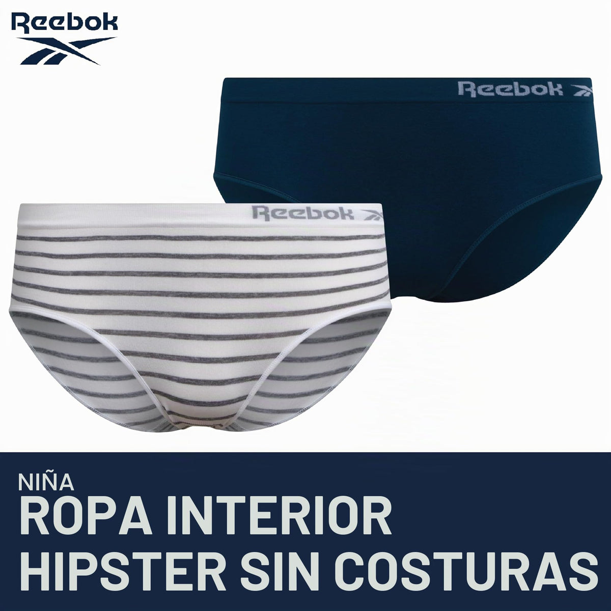 Reebok | Panty Hipster Nina Pack 10 | 93% Nylon 7% Spandex | Sin Costuras | Sin Etiqueta | Absorbe Humedad | Transpirable | Navy + Blanco + Rosa Carmin + Rayas  (6 - 16T)