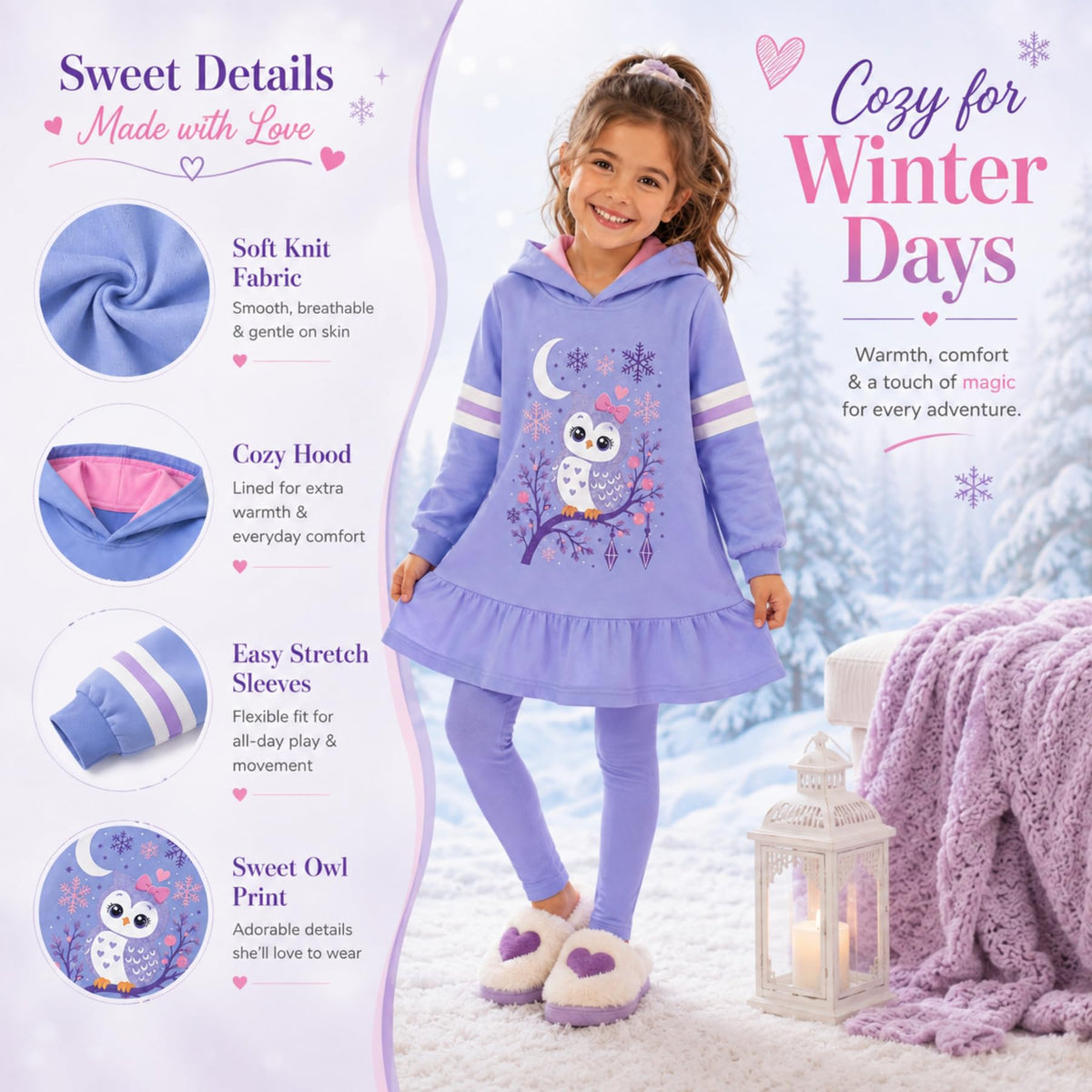 Vestido Hoodie de Búho para Niñas – Manga Larga Azul con Volante, Algodón (3 - 12T)