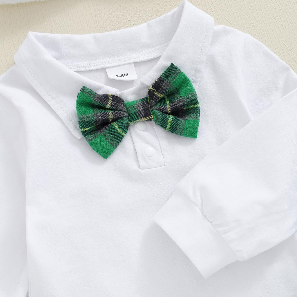 Little Gentleman Verde | Conjunto Navideño Bebé Niño Mameluco Blanco + Pantalon Tirantes Cuadros + Gorro