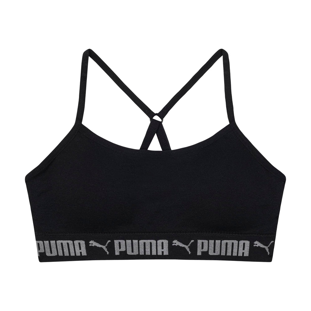 PUMA | Bralette Nina Pack 2 | 94% Nailon 6% Licra | Sin Costuras | Correas Espagueti Ajustables | Galletas Removibles | Gris Heather Tinte Espacial + Negro (6 - 14T)