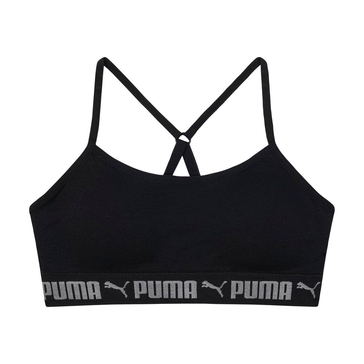 PUMA | Bralette Nina Pack 2 | 94% Nailon 6% Licra | Sin Costuras | Correas Espagueti Ajustables | Galletas Removibles | Gris Heather Tinte Espacial + Negro (6 - 14T)