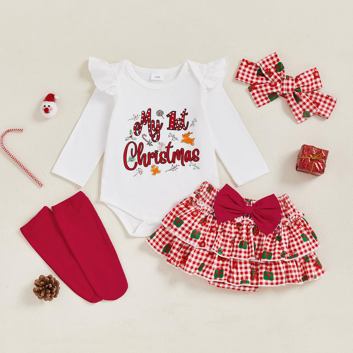 My 1st Christmas | Conjunto Navideño Bebé Niña Falda Cuadros + Medias + Diadema