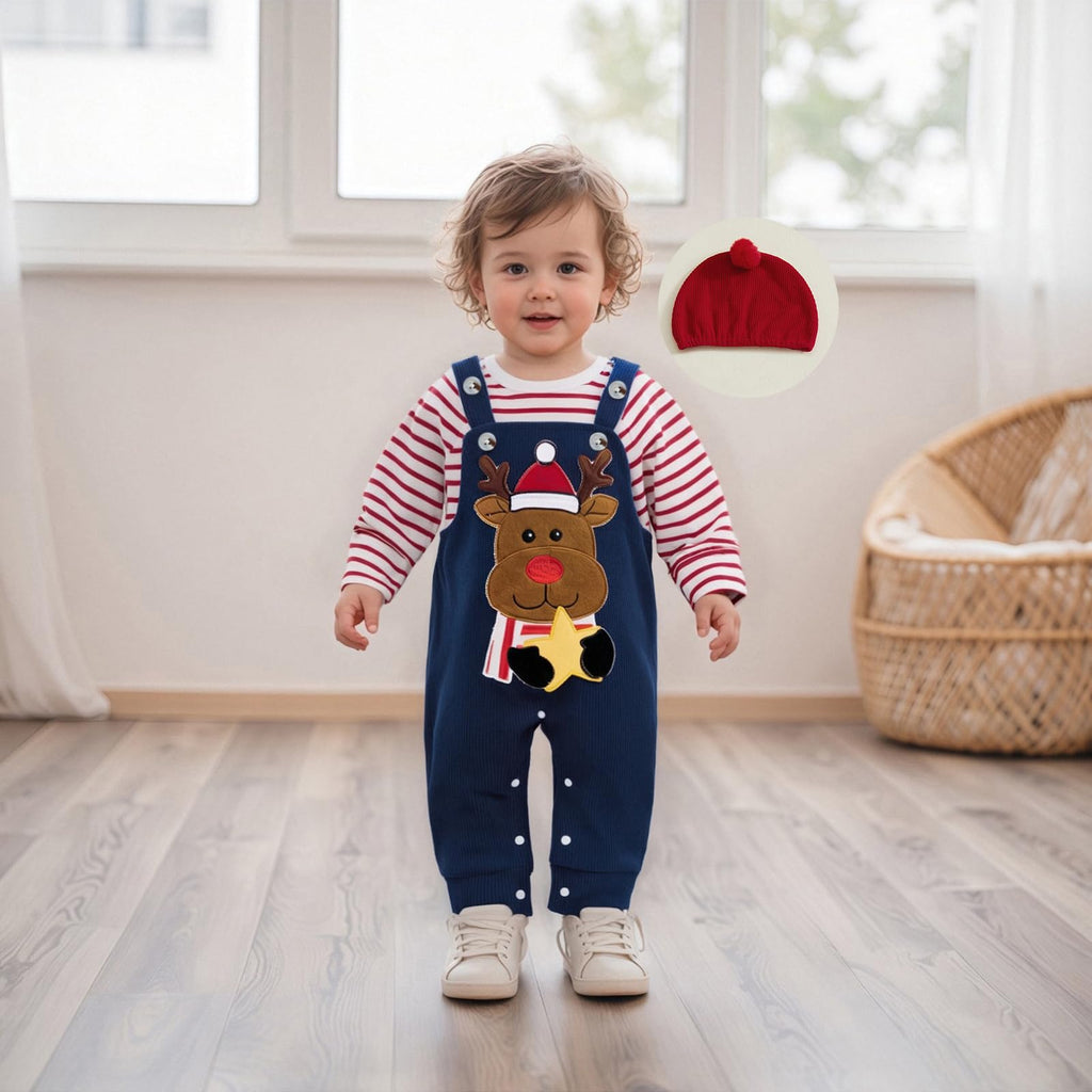 Rudolph Navy Newborn Set | Conjunto 3 Piezas Bebé — Body Rayas Rojo + Overol Azul Marino + Reno Navideño + Gorro Tejido