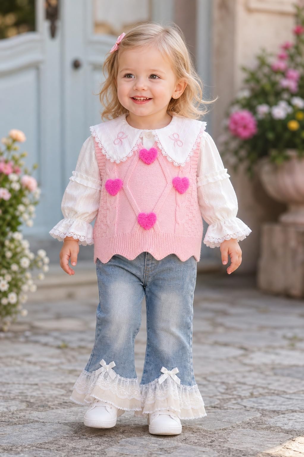 Conjunto 3 Piezas para Niña: Blusa Encaje + Chaleco Rosa Corazones Pompón Fuchsia + Jeans Flare con Encaje