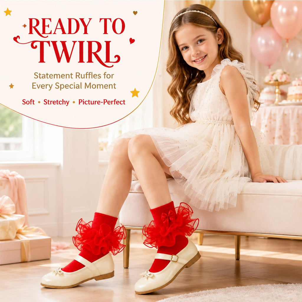 Calcetines Nina Volantes Encaje Tutu Doble Capa Lazo Cinta 3D Rojo Algodon Organza Princesa Navidad Boda (1 - 10T)
