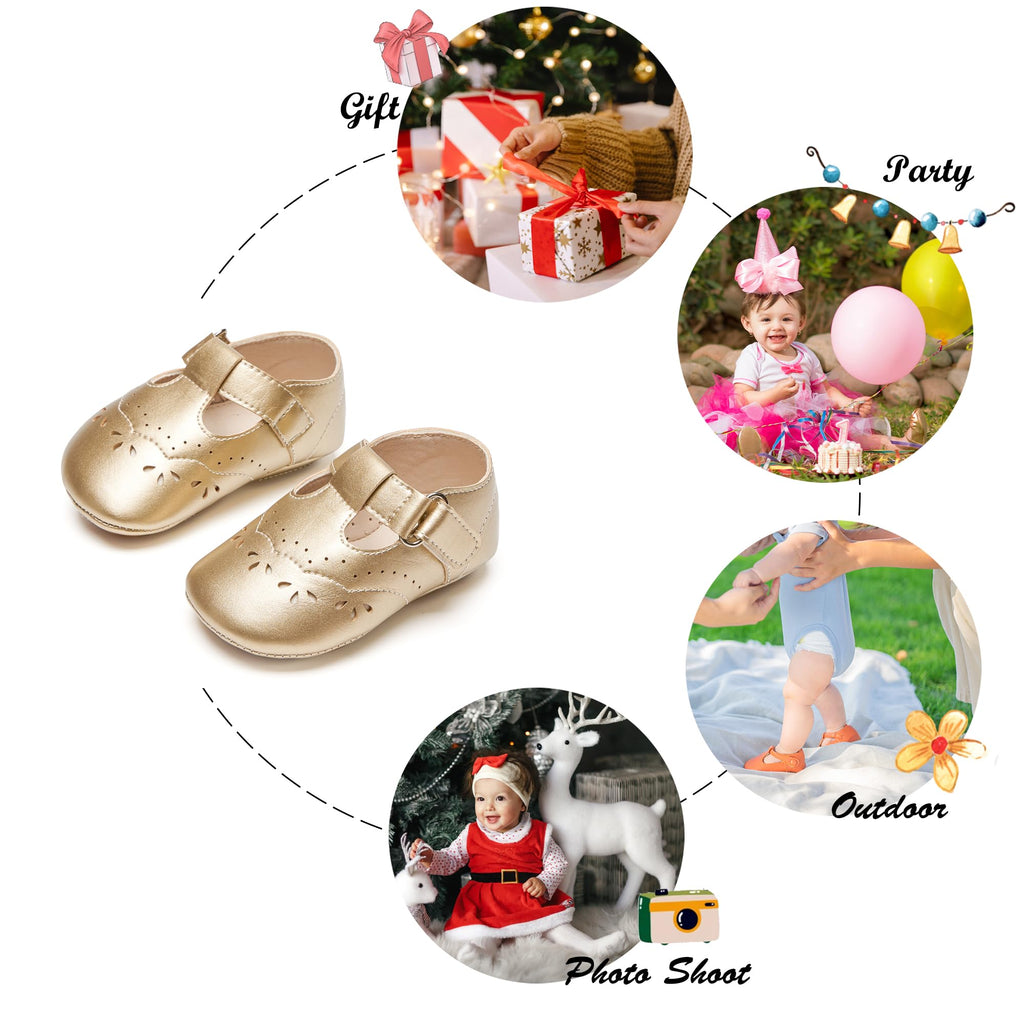 Zapatos de Vestir Estilo T-Strap Antideslizantes de Suela Suave para Bebé (Oro) – Félix & Flora