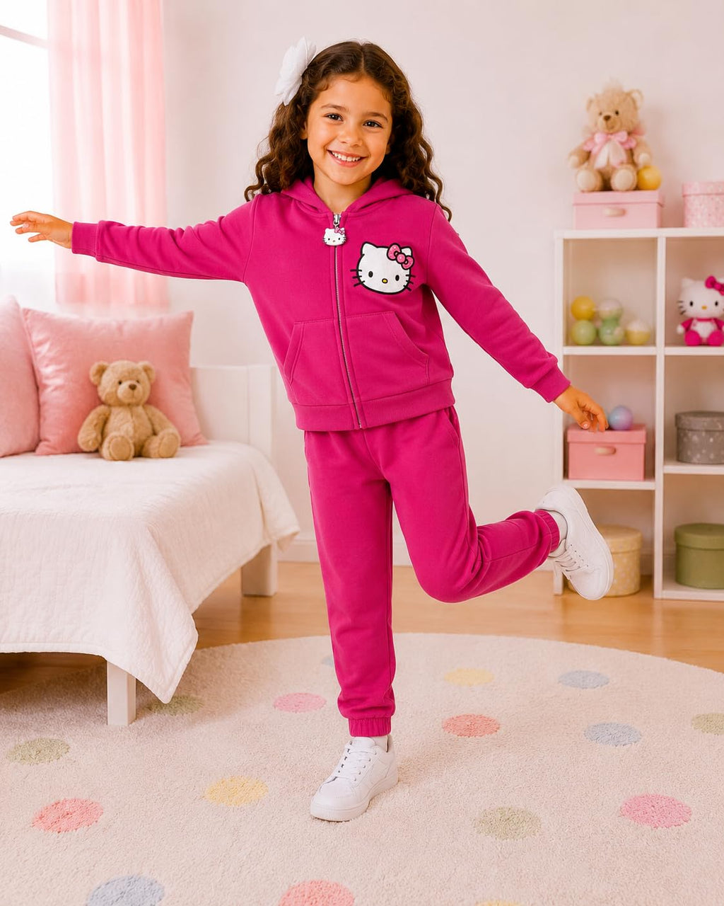 Conjunto 3 Piezas Oficial Hello Kitty para Niña: Hoodie Cremallera + Camiseta Allover + Jogger