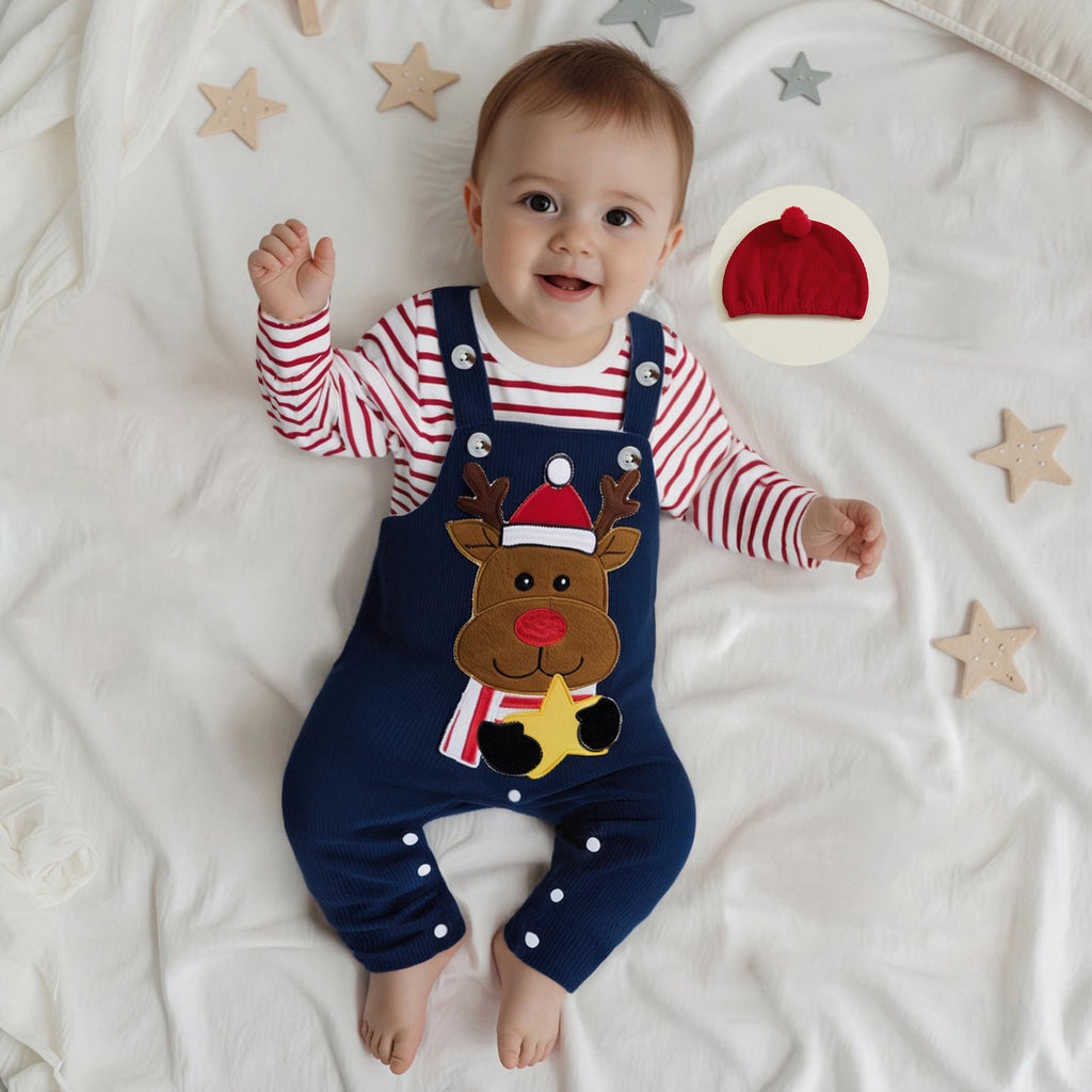 Rudolph Navy Newborn Set | Conjunto 3 Piezas Bebé — Body Rayas Rojo + Overol Azul Marino + Reno Navideño + Gorro Tejido