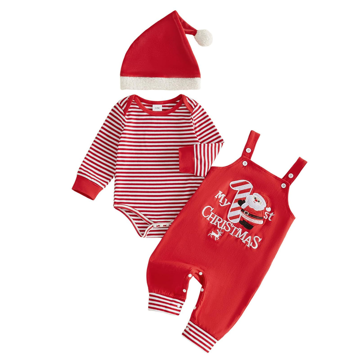 My 1st Christmas Santa | Conjunto Bebé Niño Mameluco Rayas Rojo + Peto Rojo Papa Noel + Gorro Navidad
