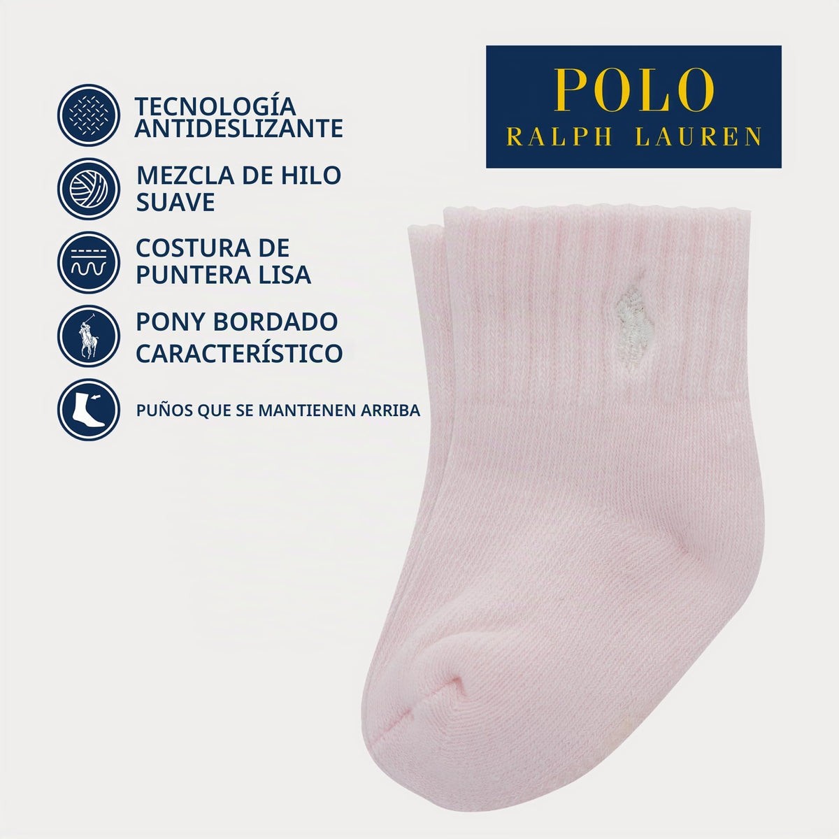 Polo Ralph Lauren | Calcetines Bebé Niña Pack 6 Algodón Pony Bordado Stay-Up Tobillero Blanco Gris Rosa 0-24 Meses