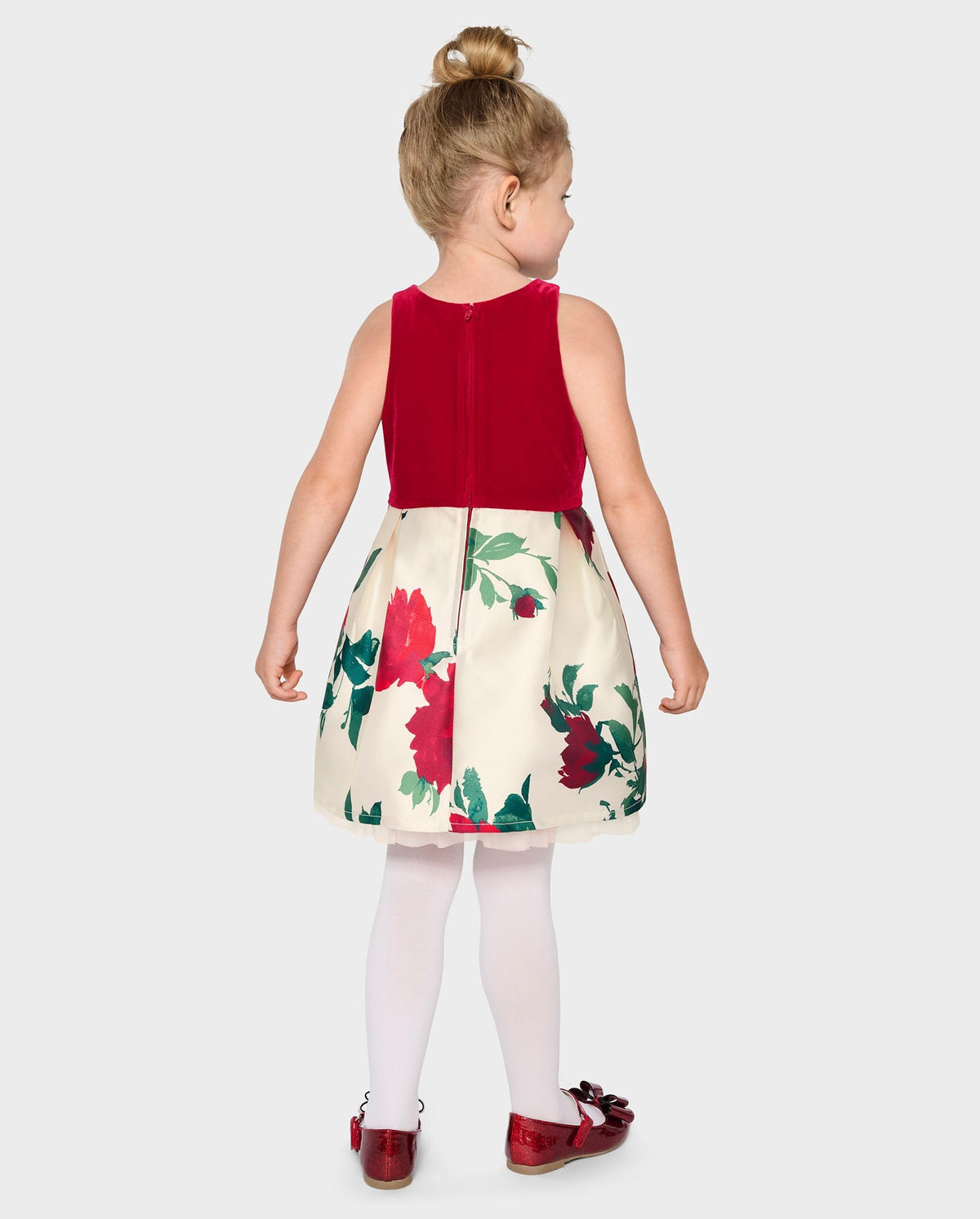 The Children's Place | Vestido Elegante Terciopelo Rojo y Falda Floral Rosas Niña