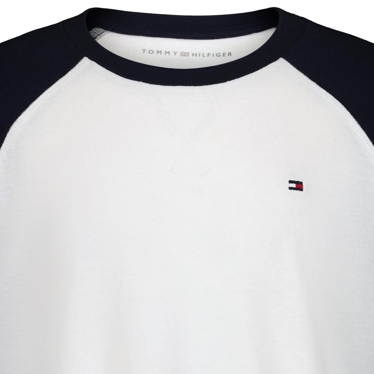 Tommy Hilfiger | Camiseta Niño Manga Larga Raglan Baseball Bicolor Logo Bandera Bordado 100% Algodón Blanco Azul Marino (8-16T)
