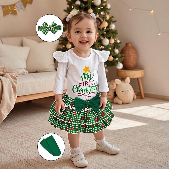 My First Christmas | Conjunto Navideño Bebé Niña Falda Cuadros Verde + Medias + Diadema