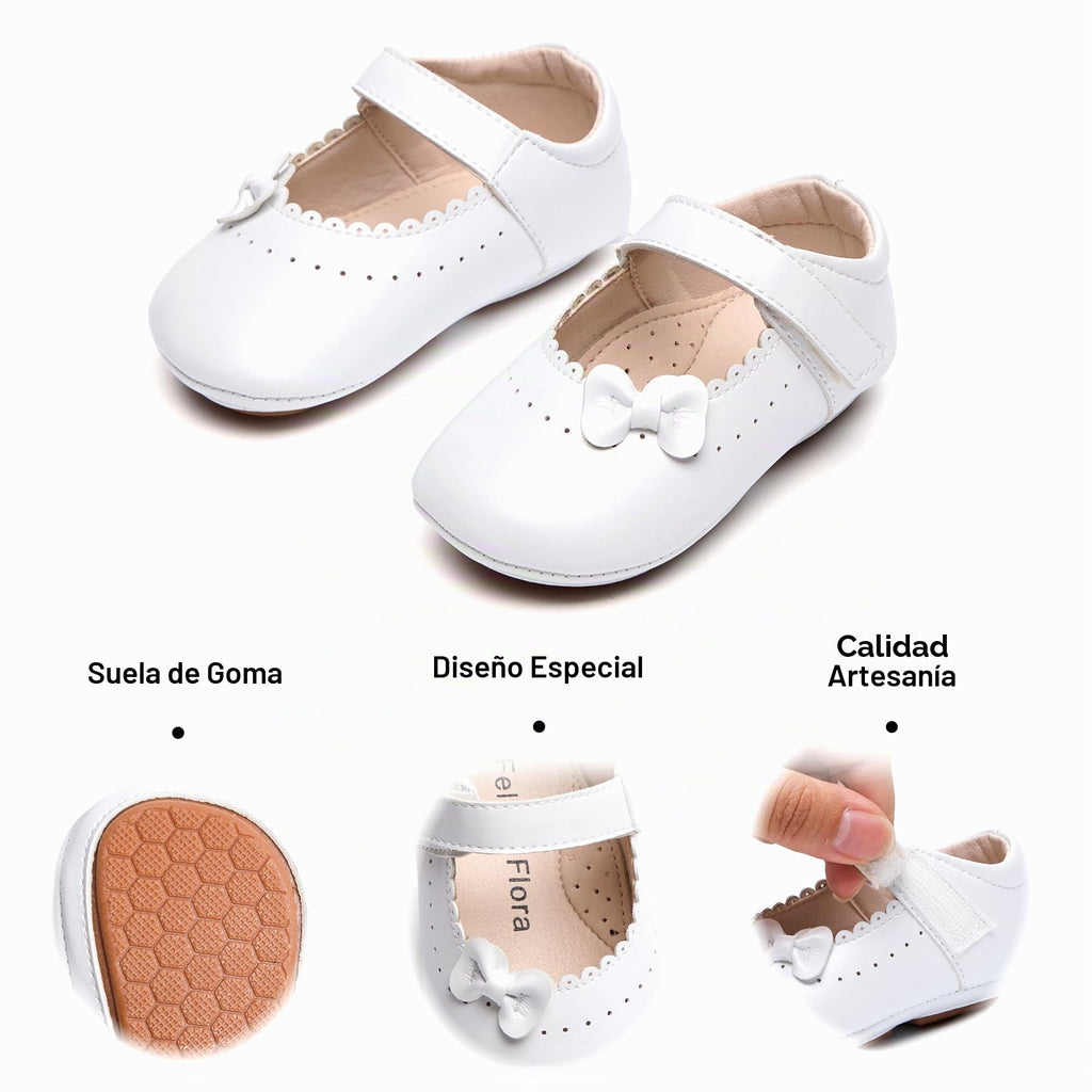 Zapatos de Vestir Antideslizantes de Suela Suave con Lazo para Bebé (Blanco) – Félix & Flora