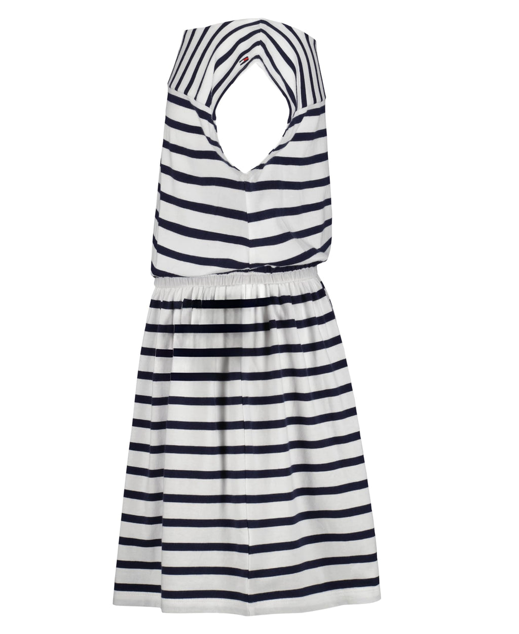 Tommy Hilfiger Vestido Jersey Rayas Niña | Navy/Blanco • Cuello Barco • Manga Casquillo • Bandera TH • Cintura Elástica