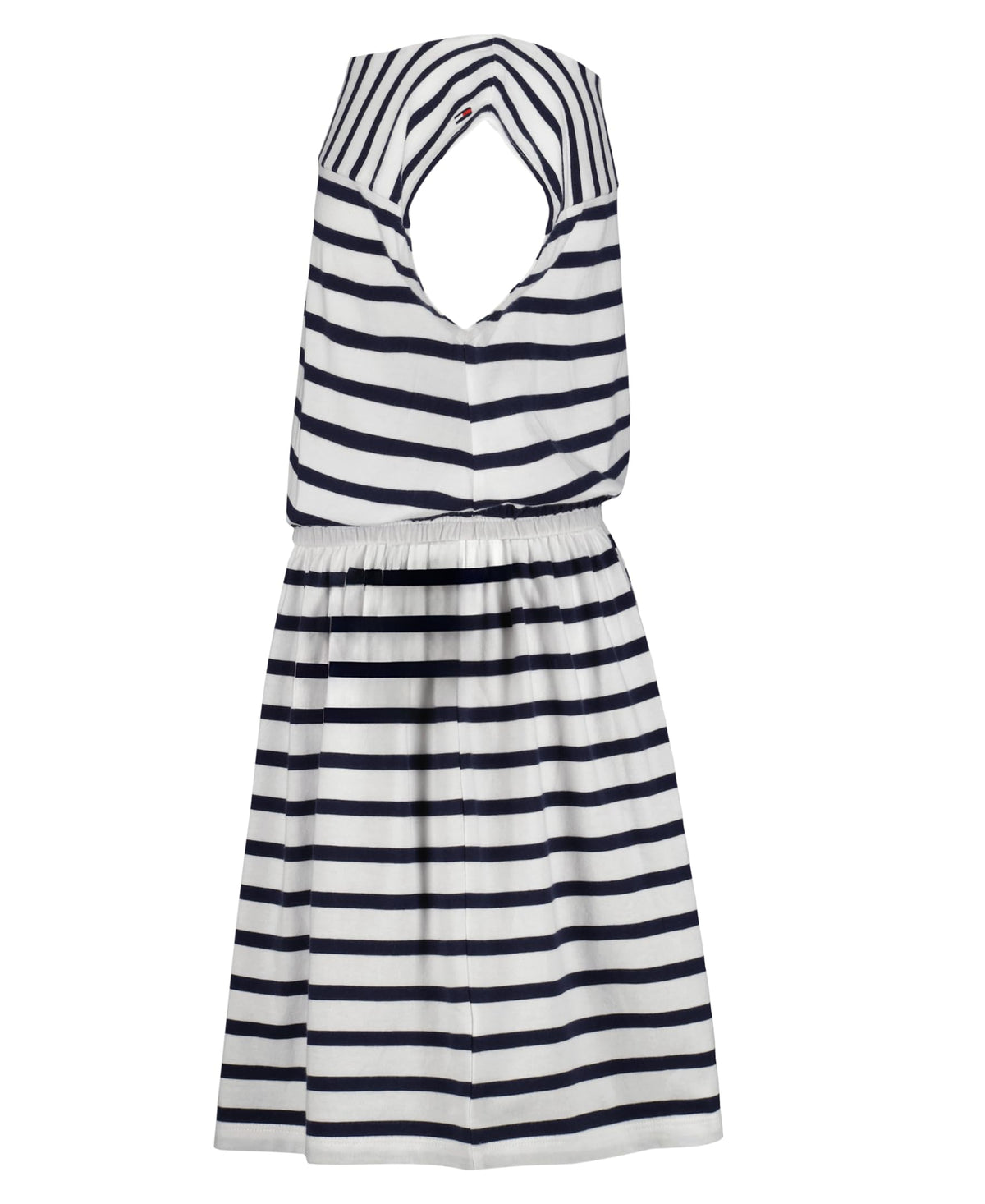 Tommy Hilfiger Vestido Jersey Rayas Niña | Navy/Blanco • Cuello Barco • Manga Casquillo • Bandera TH • Cintura Elástica