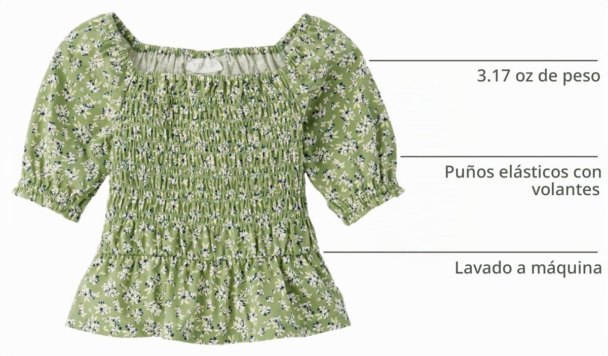 The Children's Place | Top Nina Manga Abullonada Corta | Cuerpo Frontal Totalmente Smocked | Cuello Cuadrado Elastico | Puno Elastico en Manga | Floral Ditsy Blanco + Navy sobre Verde Salvia (7 - 12T)